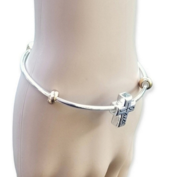 SILVERTONED FAITH CROSS CHARM SLENDER CUFF BRACELET - Picture 5 of 6
